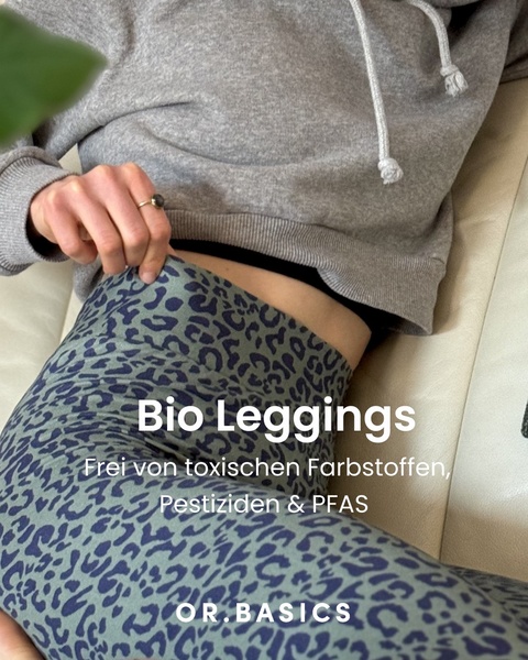 A close-up, lifestyle-oriented ad highlighting the non-toxic, sustainable material profile of bio leggings through a simple, text-overlay strategy.
